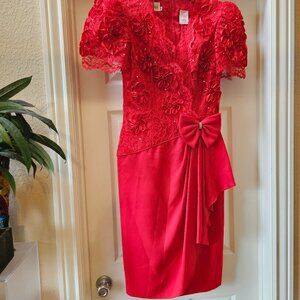 Vintage Leslie Fay Evening Womens Red Laced Embellished Rhinestones Dress USA 8